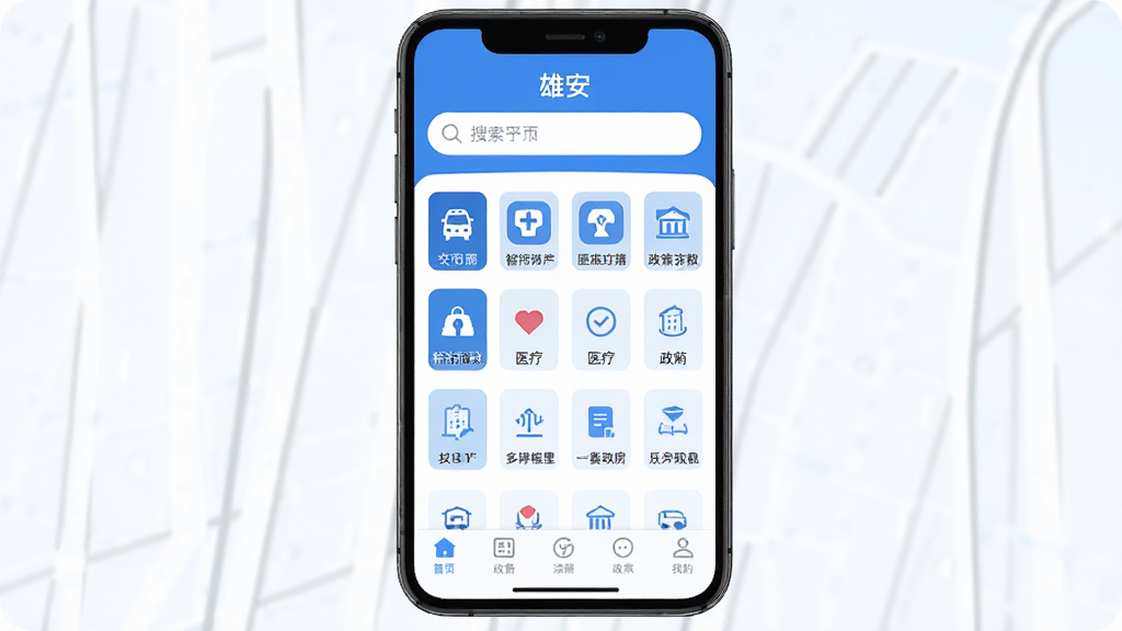 现代智慧城市界面,主体为手机屏幕展示“雄安”APP主界面,布局清晰,顶部搜索栏,中部功能图标网格排列,底部导航栏,风格扁平化设计,蓝白主色调,细节包含交通、医疗、政务等图标,画质高清,干净,无多余元素