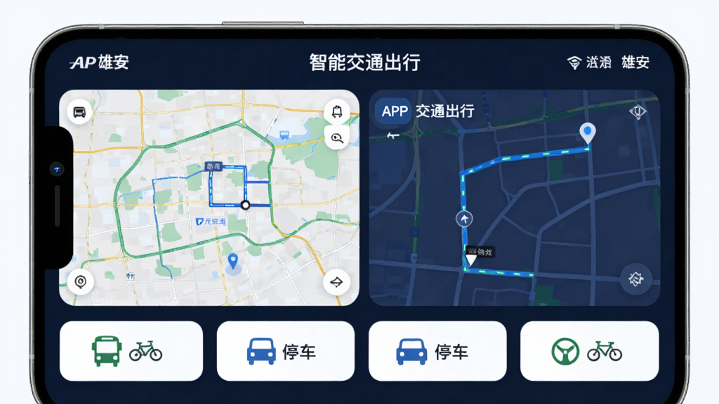 智慧交通出行,主体为“雄安”APP的交通出行板块,布局包含地图与路线规划,排版清晰,风格科技感,细节展示公交、停车、骑行等选项,画质高清,干净,无多余元素