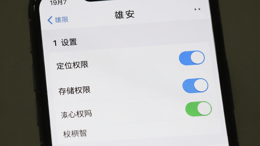 手机操作提示界面,主体为“雄安”APP的设置页面,布局包含权限管理选项,排版简洁,风格实用,细节展示“定位权限”、“存储权限”等开关,画质干净,无多余元素
