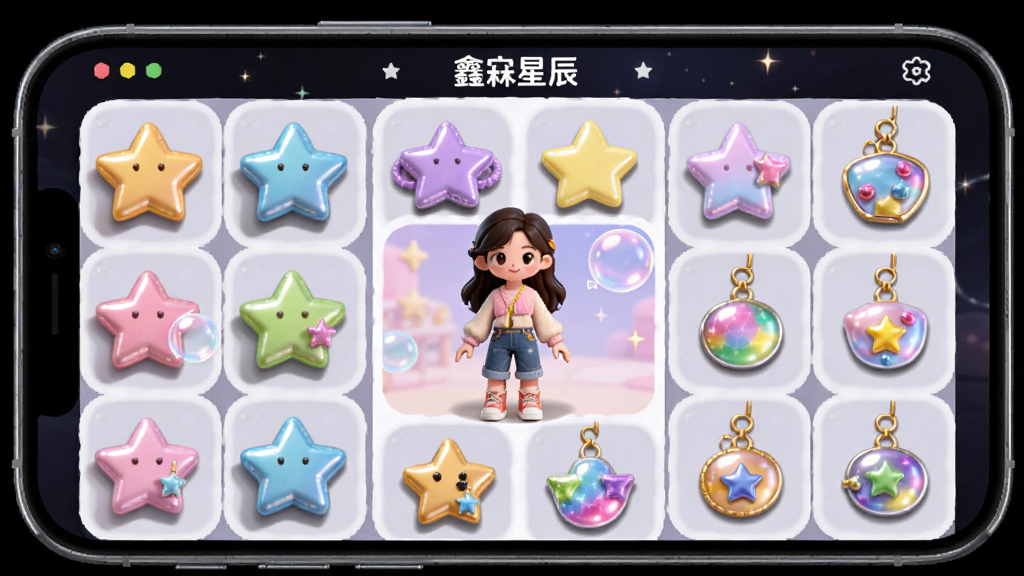 主体为一部手机,屏幕展示“鑫淼星辰”的装扮商店界面,有各种颜色和形状的星星、气泡、挂件等元素。布局为网格状排列,中间有一个正在试穿的用户形象。风格可爱,色彩丰富,细节包括每件装扮的阴影和光泽,画质细腻,无多余元素。