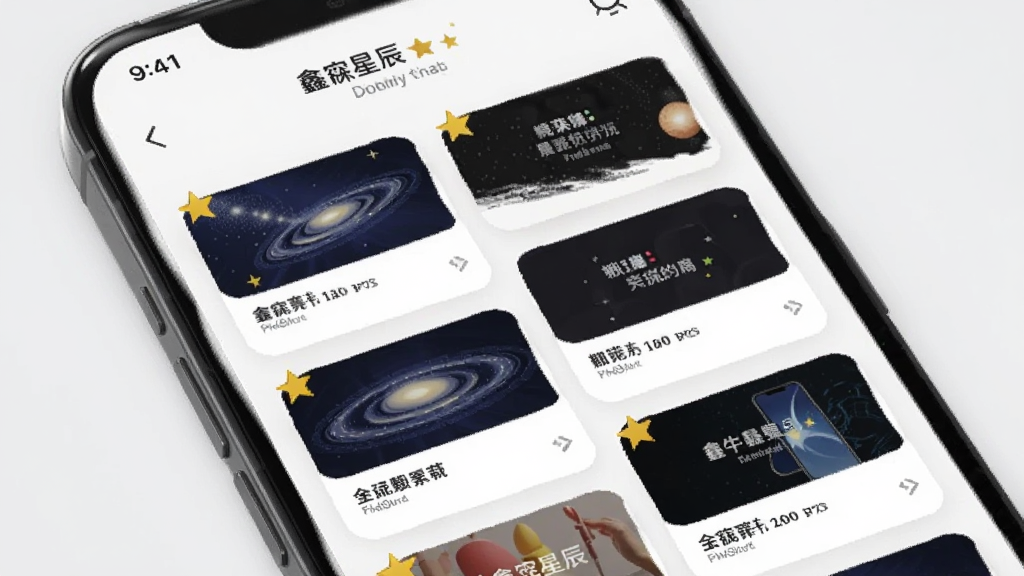 主体为手机屏幕,显示“鑫淼星辰”的推荐页面,有各类图文卡片,卡片上带有星星标记。布局采用瀑布流形式,背景为浅色,风格简洁,细节包括卡片的圆角和阴影,画质清晰,无多余元素。