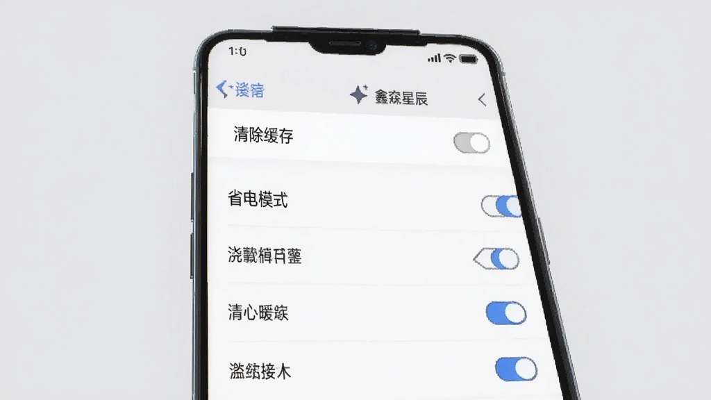 主体为一部手机,屏幕显示“鑫淼星辰”的设置页面,有“清除缓存”、“省电模式”等选项,背景为浅灰色。布局为列表样式,风格简洁,细节包括开关按钮的滑块,画质清晰,无多余元素。