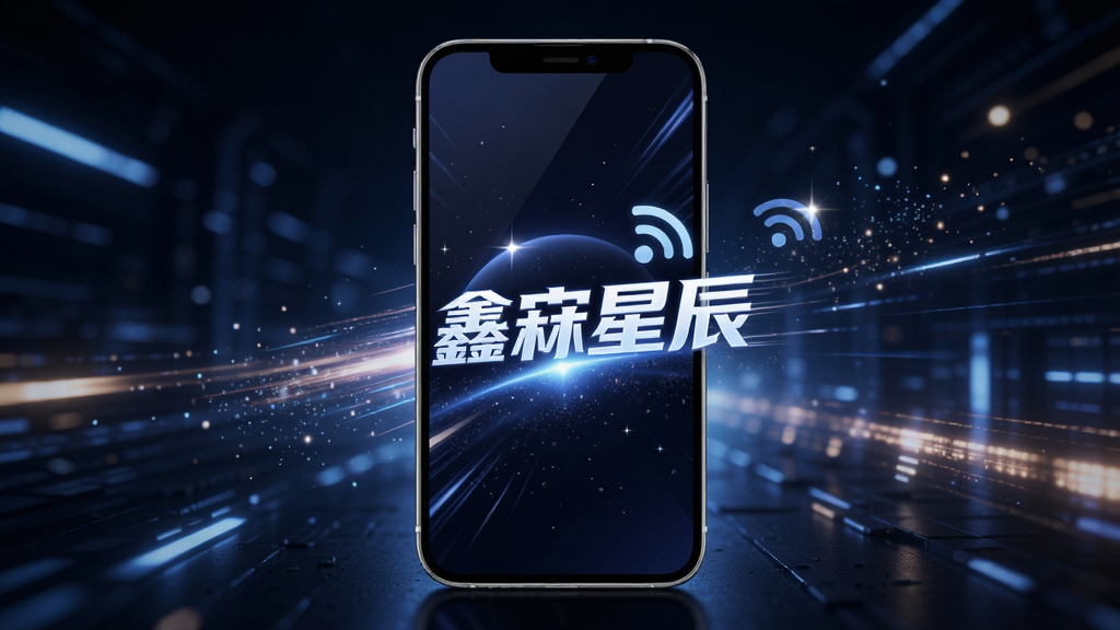 主体为一部手机,屏幕显示“鑫淼星辰”的启动画面,有速度线特效和网络信号图标,背景为科技感的光效。布局为中心构图,风格动感,细节包括光晕和粒子效果,画质高清,无多余元素。