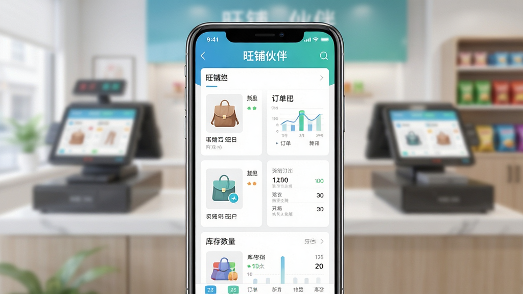 一幅展示智能手机屏幕内旺铺伙伴应用界面的高清数字插画,手机位于画面中央,屏幕中清晰显示“旺铺伙伴”字样以及商品列表、订单图表、库存数量等模块图标,背景为虚化的现代化店铺收银台,整体色调明亮简洁,突出移动管理与高效便捷,构图平稳,排版干净,风格写实,细节丰富,画质细腻干净,无多余元素
