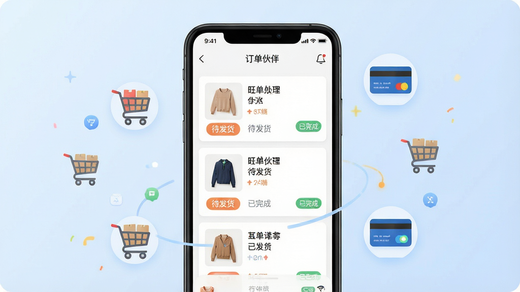 一张展示旺铺伙伴应用订单管理界面的概念图,画面主体为一部手机,屏幕显示多个订单卡片排列,每张卡片上有商品缩略图和“待发货”“已完成”等状态标签,周围环绕着几个小型的购物车和支付图标,背景为柔和的浅蓝色渐变,突出集中高效处理多平台订单的场景,布局清晰,风格扁平现代,细节丰富,画质干净,无多余元素