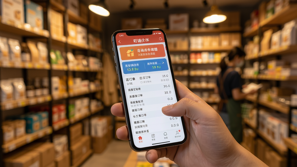 一张展示用户使用手机操作旺铺伙伴应用的实拍风格图片,画面中一只手握着手机,屏幕显示店铺订单列表和库存提醒横幅,背景是忙碌的实体店铺货架,灯光温暖,突出日常经营的实用性,构图自然,风格写实,细节丰富,画质清晰干净,无多余元素