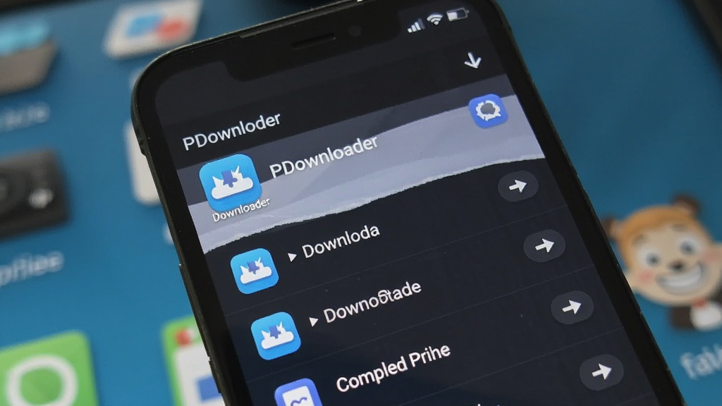 一张展示PDownloader在手机上运行的实拍图,屏幕中显示下载完成列表,背景为桌面,风格真实自然,画质清晰,包含“PDownloader”应用图标