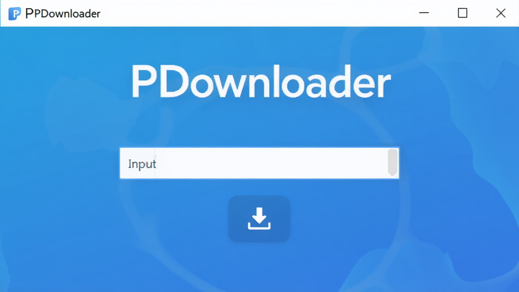 一张展示PDownloader主界面的高清图片,界面简洁现代,顶部有软件名称“PDownloader”标识,中间是输入框和下载按钮,背景为渐变蓝色,整体风格干净明亮,画质清晰,无多余元素