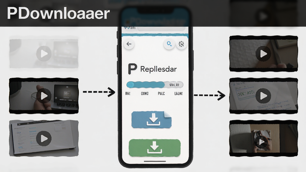 一张展示PDownloader解析过程的示意图,手机屏幕上显示正在解析的进度条,周围有视频缩略图和下载按钮,背景为浅灰色,风格简洁,画质清晰,包含“PDownloader”字样