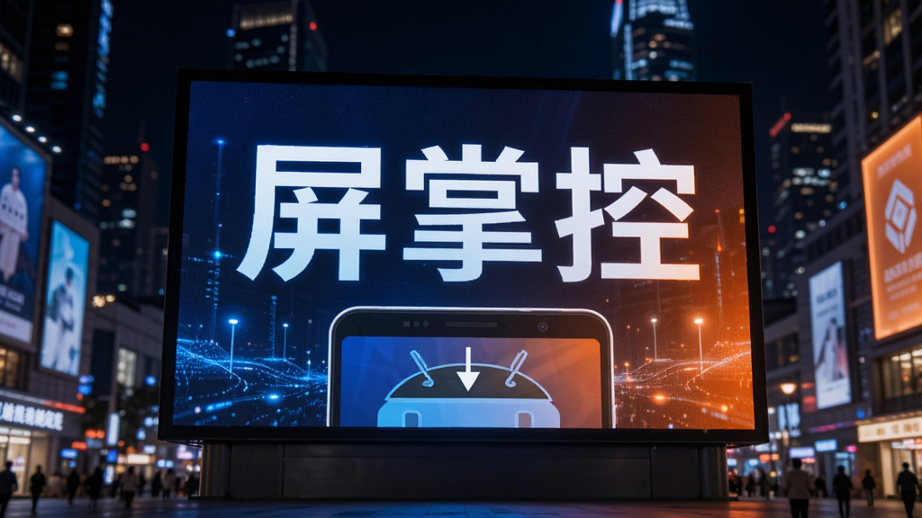 高清LED显示屏在繁华商业街闪烁,画面中央是醒目的“屏掌控”三个大字,下方有安卓手机连接屏幕的示意图,背景为现代城市夜景,科技蓝与暖橙色调结合,构图饱满,画质细腻,干净无多余元素