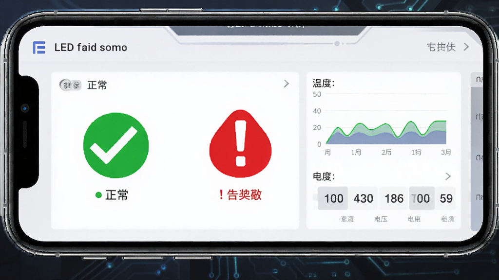 屏掌控APP显示LED屏幕状态监测页面,绿色对勾表示正常,红色感叹号表示告警,旁边有温度、电压数值图表,背景为深色科技感界面,结合手机外观,风格专业,细节清晰,画质干净无多余元素