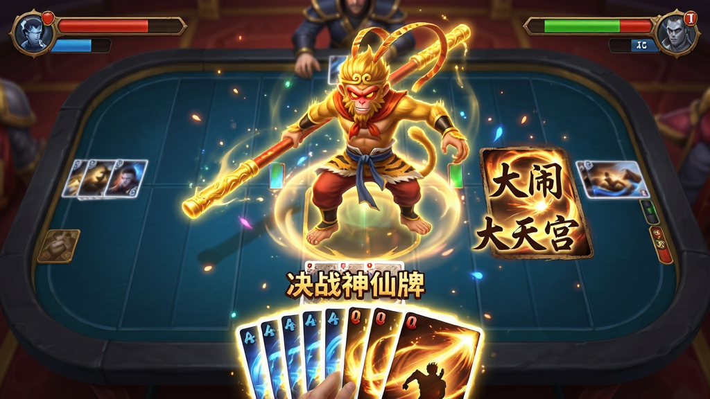 主体:游戏对战画面,玩家手牌发光,召唤出孙悟空的金色法相虚影。布局:画面中央为牌桌,玩家手牌位于底部,对手位于顶部,技能特效占据画面主要视觉中心。排版:技能释放动画居中,双方血条与状态栏分列两侧。风格:动态卡通风,特效华丽炫酷,色彩鲜明。细节:法相虚影手持金箍棒,牌桌上有“决战神仙牌”LOGO,技能名称“大闹天宫”以毛笔字呈现。画质:高清渲染,粒子效果丰富,干净无多余元素。