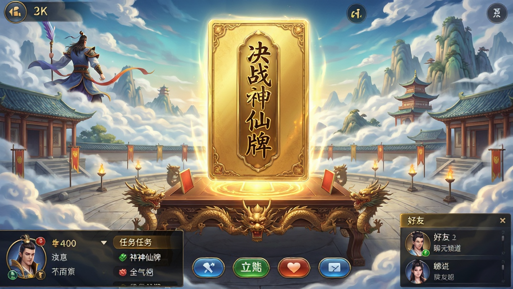 主体:游戏主界面展示,仙气缭绕的古代竞技场,中央悬浮着巨大的金色卡牌。布局:界面下方为功能按钮区,左侧为玩家信息与任务列表,右侧为好友与聊天频道。排版:UI采用对称式布局,按钮清晰,信息层级分明。风格:精致国风,色彩绚丽,光影特效丰富,人物立绘采用工笔重彩画风。细节:卡牌上绘有“决战神仙牌”字样,牌桌边缘有龙纹雕刻,背景有流动的云海与仙山。画质:8K超清,细腻入微,干净无多余元素。