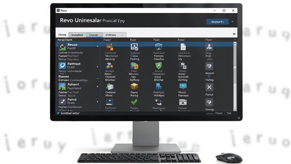 主体为电脑屏幕前显示的Revo Uninstaller专业版主界面,界面清晰展示已安装软件列表,布局简洁,排版整齐,风格现代,细节精致,画质高清,画面干净无多余元素