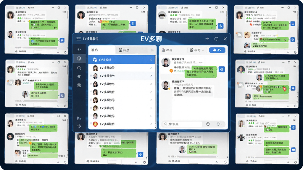 主体:EV多聊软件主界面,多窗口微信同时在线,布局:多个微信聊天窗口整齐排列在电脑屏幕上,中心位置显示EV多聊操作面板,排版:清晰展示多账号列表与消息通知,风格:现代科技感,蓝色调为主,细节:每个窗口有不同头像与聊天内容,界面高清流畅,画质:4K超清,干净无多余元素