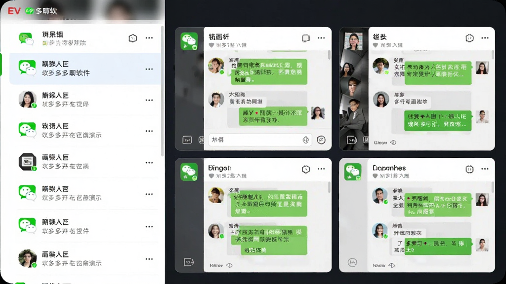主体:EV多聊软件功能演示,多个微信账号同时在线,布局:左侧账号列表,右侧各账号聊天窗口平铺,排版:简洁明了,突出多开效果,风格:清新商务风,细节:每个窗口显示不同好友聊天,画质:高清,干净无多余元素