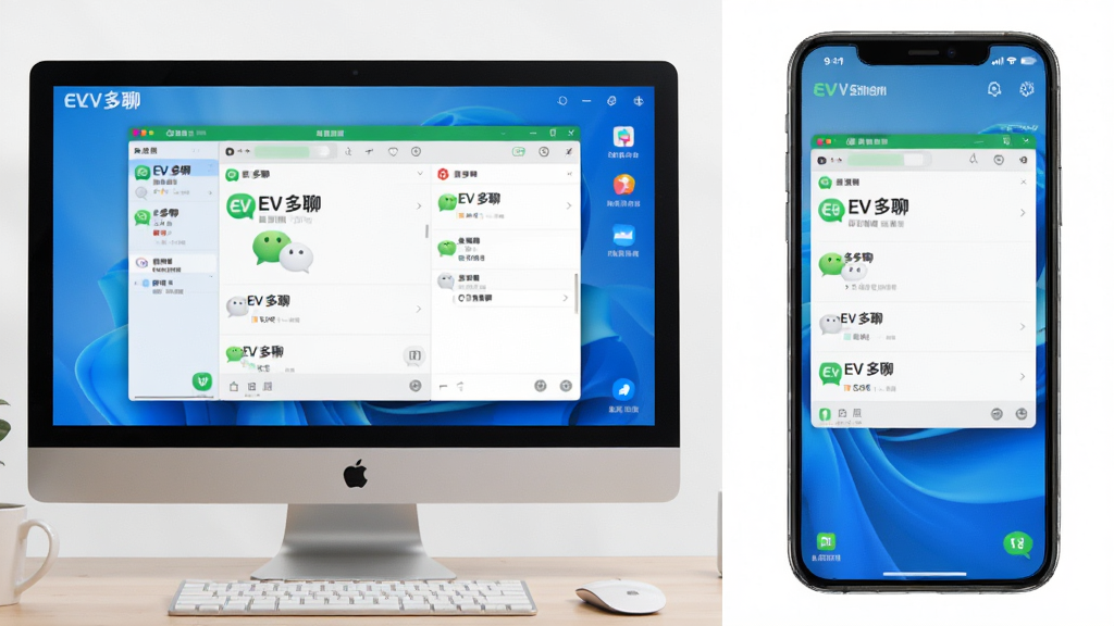 主体:EV多聊使用场景,电脑与手机同时运行多开微信,布局:左侧电脑屏幕,右侧手机,排版:上下对称,风格:生活化,细节:屏幕上显示EV多聊界面,画质:高清,干净无多余元素