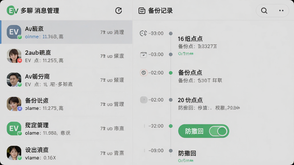 主体:EV多聊消息管理界面,布局:左侧为聊天列表,右侧为备份记录,排版:时间轴形式展示备份点,风格:简洁实用,细节:有“防撤回”开关按钮,画质:清晰,干净无多余元素