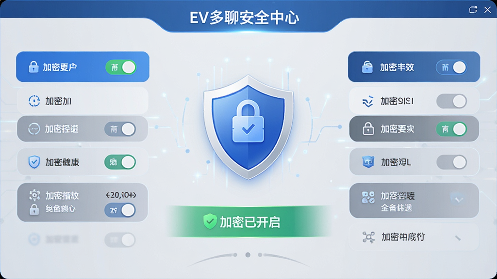 主体:EV多聊安全中心界面,布局:盾牌图标居中,周围有加密选项开关,排版:功能列表清晰,风格:科技蓝与灰色搭配,细节:显示“加密已开启”字样,画质:高清,干净无多余元素