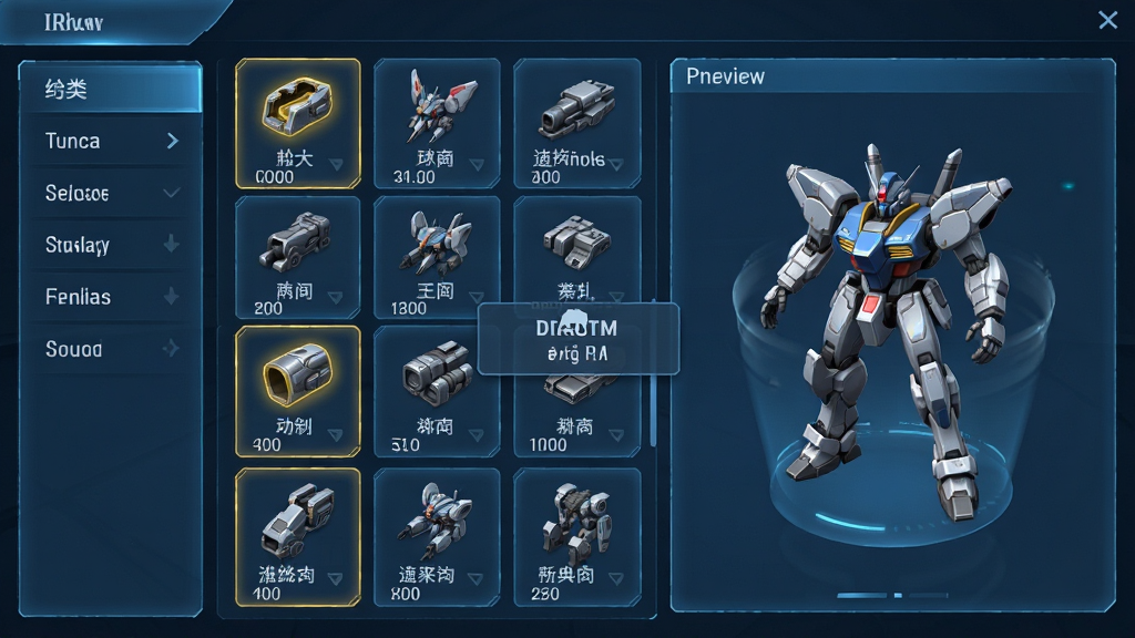 主体:游戏内的零件选择界面,展示网格状的零件库。布局:左边是分类列表,右边是3D预览窗口,中间是拖拽操作提示。排版:界面干净整洁,零件以图标形式整齐排列,每个图标下方标注名称和属性数值。风格:科幻UI风格,蓝色半透明面板,白色文字,高光点缀。细节:选中的零件发出金色轮廓光,预览窗口中的机甲模型正在旋转展示。画质:高清UI截图,干净,无多余元素。