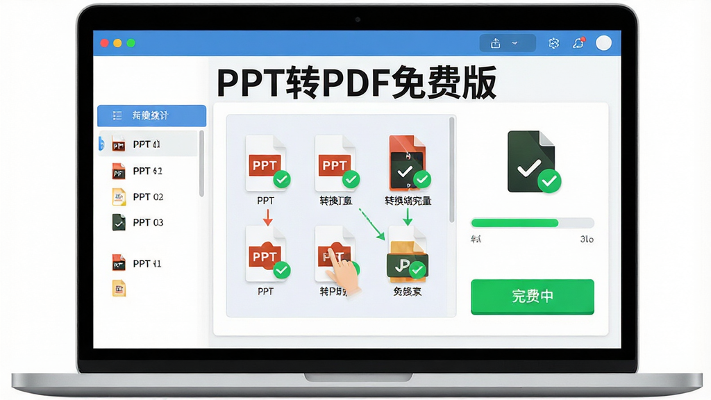 ���壺һ̨�ʼǱ�������Ļ��ʾPPTתPDF��Ѱ��������棬�������ж��PPT�ļ����ڱ���ק��ת�������Ҳ���ʾת�������������֣����Ծ��У�������ļ��б����Ҳ�����ɫת����ť���Ű棺�����࣬��ť��Ŀ������ִ���ƽ����ƣ�ɫ���������Ƽ��С�ϸ�ڣ���Ļ����ʾ��PPTתPDF��Ѱ桱������ת����ɵ�PDF�ļ�ͼ�������ɫ�Թ������ʣ�������Ⱦ���ɾ����޶���Ԫ�ء�