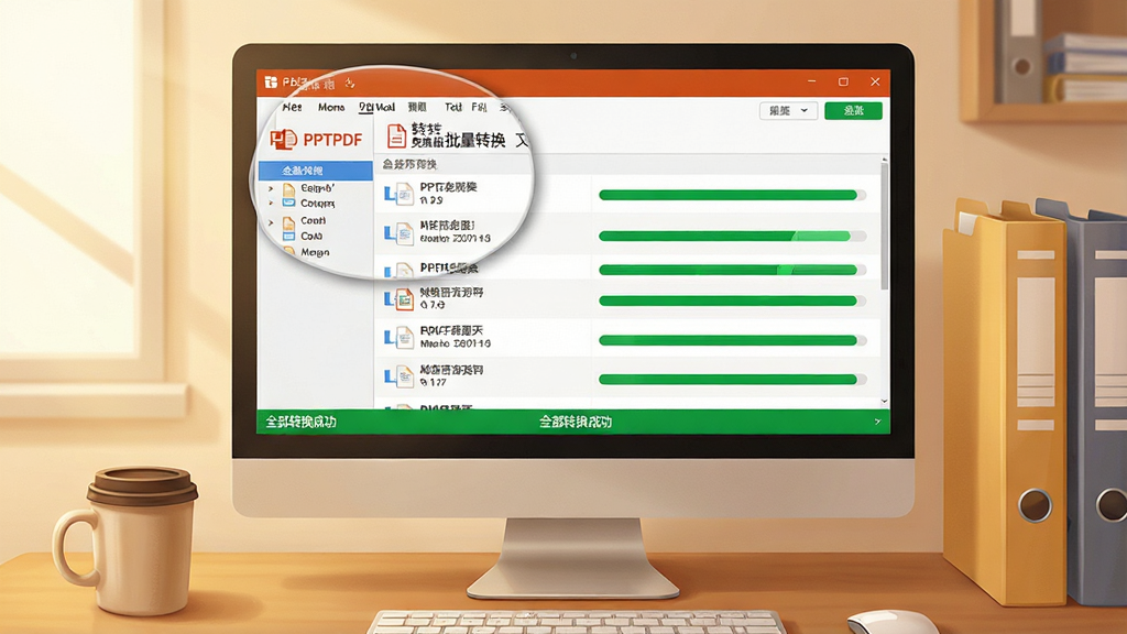 ���壺һ�Ű칫��������������Ļ��ʾPPTתPDF��Ѱ�����ת���б�������ļ��������У�������ȫ�������֣�������Ļռ�ݻ������룬��Χ�п��ȱ����ļ��С��Ű棺�б�������״̬����ʾ��ȫ��ת���ɹ��������дʵ�廭���ůɫ����ϸ�ڣ���������Ŵ���ʾ���ļ����������ɼ������ʣ�ϸ�壬�ɾ����޶���Ԫ�ء�