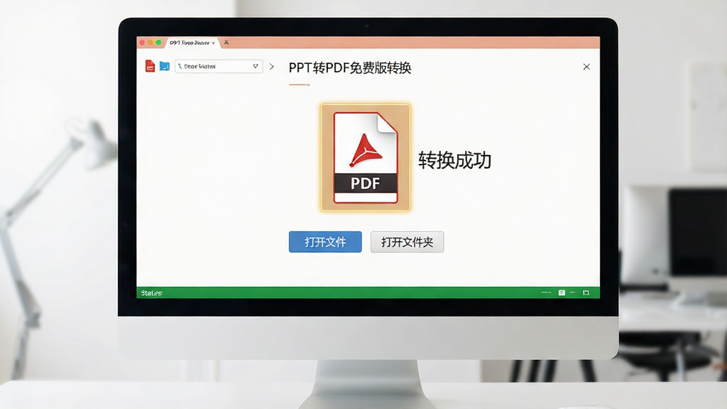 ���壺������Ļ��ʾPPTתPDF��Ѱ�ת����ɵĽ��棬һ��PDF�ļ�ͼ�걻������ʾ���Ա��С�ת���ɹ�����ʾ�����֣���Ļ���У��·��С����ļ����͡����ļ��С�������ť���Ű棺���������״̬����ɫ����񣺼���������ϸ�ڣ��ļ�ͼ�����PDF��ʶ����ʾ�������������ʣ����壬�ɾ����޶���Ԫ�ء�