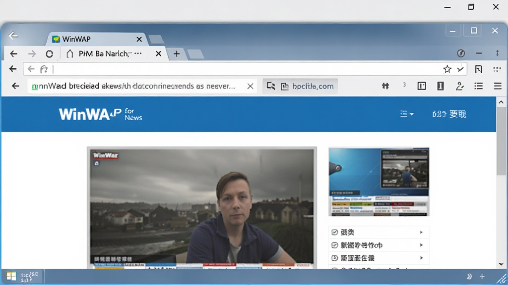 WinWAP for Windows 主界面预览图,主体是简洁的浏览器窗口,显示一个新闻网页,布局清晰,排版干净,风格现代扁平化,细节包括地址栏、标签页和书签栏,画质高清,干净无多余元素。