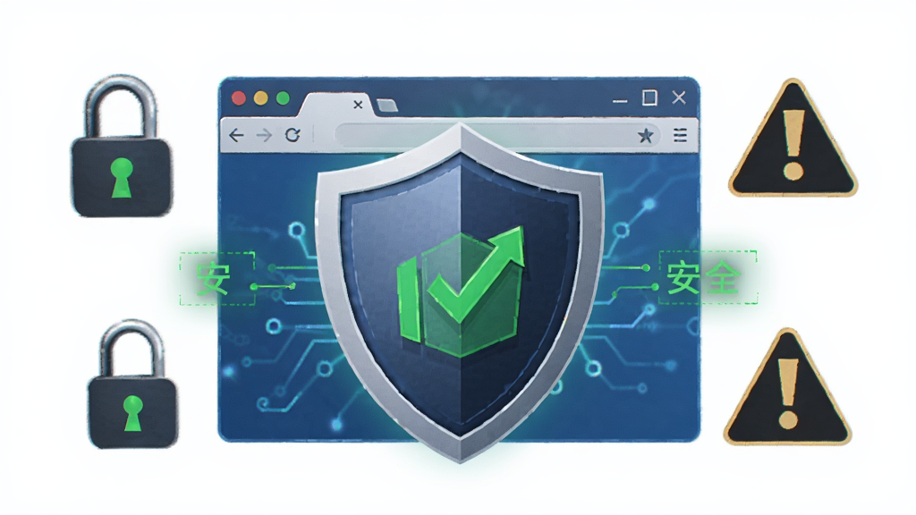 WinWAP for Windows 隐私防护示意图,主体是一个盾牌图标覆盖在浏览器窗口上,周围有锁和警告标志,布局中心构图,排版简洁,风格科技感,细节有绿色安全字样,画质高清,干净。