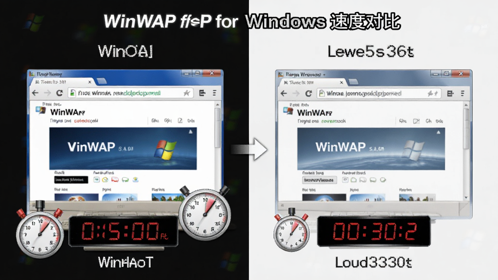 WinWAP for Windows 速度对比图,主体是两个浏览器加载同一个网页的速度对比,左侧是WinWAP已加载完成,右侧是其他浏览器还在加载中,布局左右对照,排版直观,风格写实,细节有秒表和时间数字,画质清晰,干净。