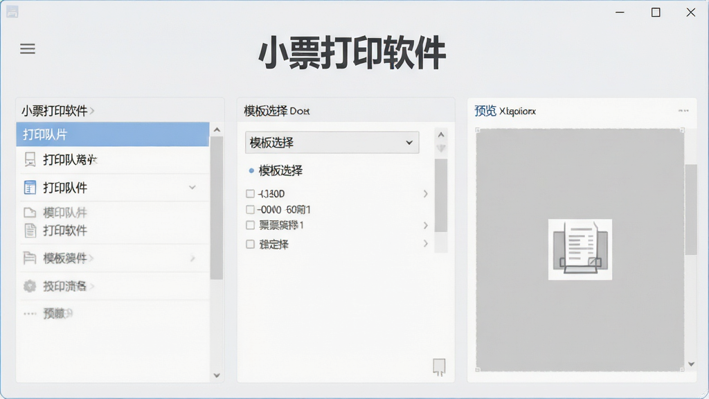 小票打印软件主界面预览图,显示软件名称“小票打印软件”居中,背景为浅灰色,界面包含打印队列、模板选择、预览区域,布局清晰,排版整齐,现代扁平化风格,细节精致,画质高清,干净无多余元素
