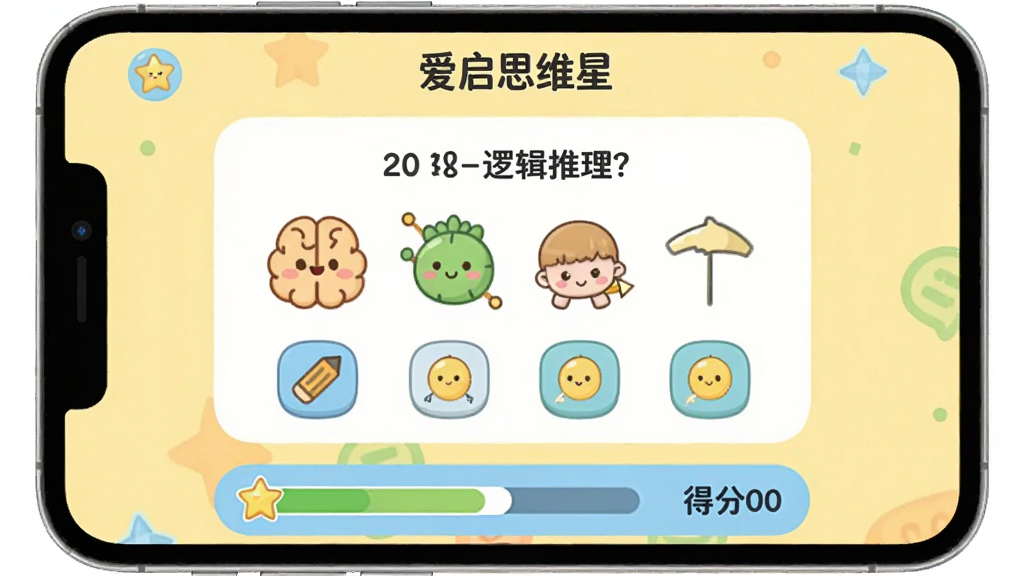 展示“爱启思维星”APP训练界面,屏幕上显示一道逻辑推理题,有图形和选项,下方有进度条和得分,背景为淡黄色,风格卡通友好,清晰展示训练过程,画质干净无多余元素。