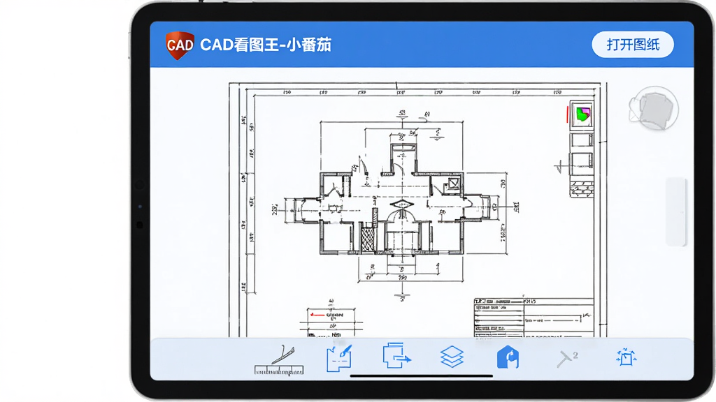 展示CAD看图王-小番茄在手机和平板上打开复杂工程图纸的界面,界面顶部有“CAD看图王-小番茄”的logo和“打开图纸”按钮,中间是高清的二维CAD图纸,底部有测量、标注、图层等工具图标,整体风格简洁现代,色彩以蓝白为主,画质清晰,干净无多余元素