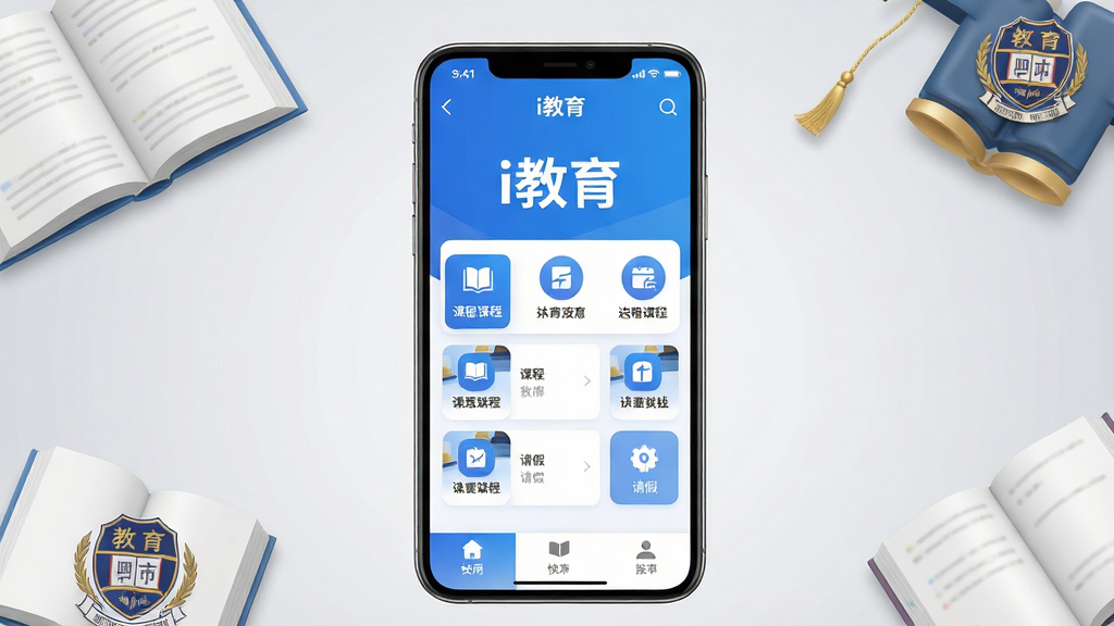 主体:智能手机屏幕展示i教育应用界面,界面风格现代简约,主色调为蓝色和白色,屏幕中央显示“i教育”字样及课程列表、请假功能图标。布局:手机竖屏居中,背景为浅灰色渐变,周围有书本、校徽等教育元素点缀。排版:应用界面清晰展示顶部导航栏、中部功能图标网格、底部快捷菜单。风格:写实渲染,色彩明亮,画质干净,无多余元素。