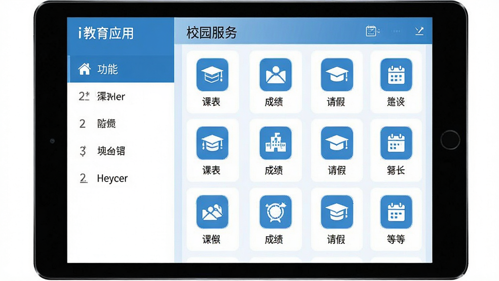 主体:i教育应用中的“校园服务”功能页面,展示课表、成绩、请假等模块图标。布局:平板电脑横屏展示,界面分左右两栏,左侧为功能列表,右侧为详情内容。排版:图标整齐排列,每个图标下方有中文标签。风格:扁平化设计,蓝白配色,干净整洁,画质清晰。