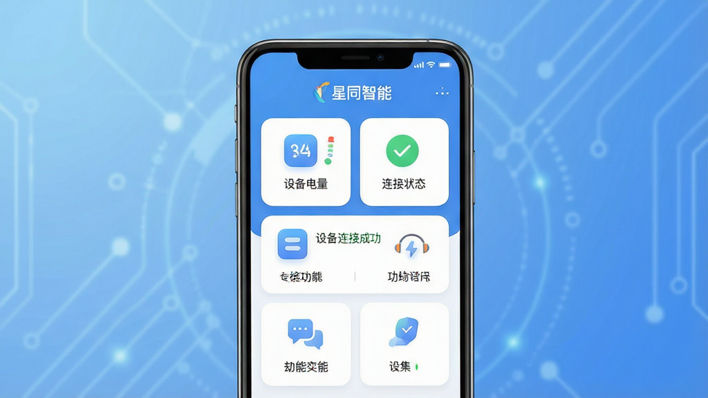 主体:星同智能App主界面展示,一部智能手机屏幕中显示简洁的智能眼镜管理界面,顶部有“星同智能”品牌标识,界面包含设备电量、连接状态、功能菜单等模块;布局:手机居中,界面内容清晰可辨,背景为柔和的渐变蓝色科技感氛围;排版:界面元素错落有致,图标圆润,文字清晰;风格:现代扁平化设计风格,科技感十足;细节:屏幕中可见“设备连接成功”等字样;画质:高清渲染,干净无多余元素。