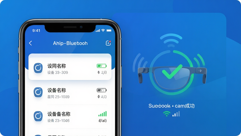 主体:星同智能App设备连接成功页面,手机与智能眼镜通过蓝牙无线连接,界面显示设备名称、电量图标、信号强度;布局:手机左侧显示设备列表,右侧为连接动画,背景为科技蓝渐变;排版:信息层级分明,状态栏清晰;风格:简洁清新的移动端UI设计;细节:连接成功后有绿色对勾动画;画质:高清,干净无多余元素。