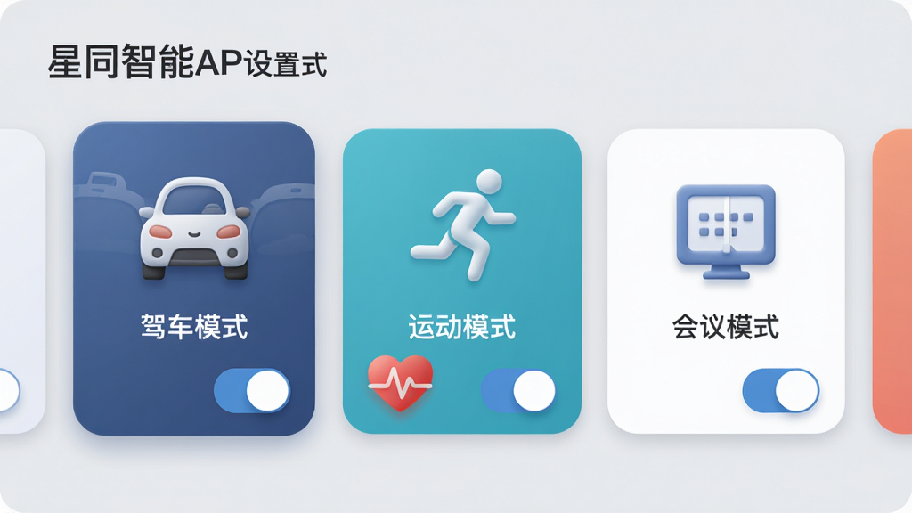 主体:星同智能App的场景模式设置界面,显示“驾车模式”、“运动模式”、“会议模式”等卡片,每个卡片有对应图标和开关;布局:卡片式布局,横向滑动切换,背景为浅灰色;排版:图标大而醒目,文字简洁;风格:拟物化与扁平结合,亲和力强;细节:运动模式卡片上显示心率图标;画质:高清晰度,画面干净。
