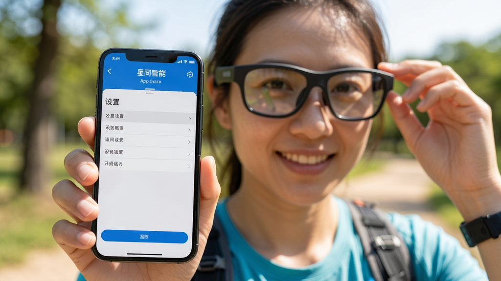 主体:用户手持安装了星同智能App的手机,屏幕显示操作界面,另一只手佩戴智能眼镜,背景为户外运动场景;布局:人物居中,手机屏幕特写,眼镜佩戴在头部;排版:画面平衡,光线明亮;风格:写实摄影风格,自然生动;细节:手机屏幕中可见“设置”菜单;画质:高清,干净无多余元素。