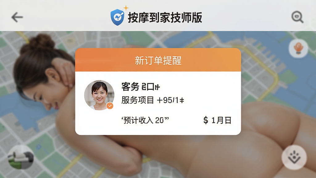 按摩到家技师版APP的订单推送界面截图,顶部显示“按摩到家技师版”的logo,屏幕中央弹出新订单提醒卡片,包含客户头像、服务项目、距离与预计收入,背景为模糊地图,整体风格写实,UI清晰,画质细腻,干净无杂物