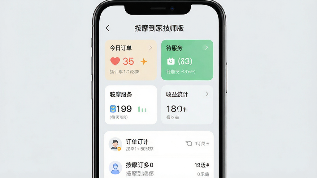 一张智能手机屏幕展示按摩到家技师版主界面,界面顶部显示“按摩到家技师版”字样,中部有今日订单、待服务、收益统计等卡片式功能模块,底部为订单列表,背景为浅灰色,整体风格简洁现代,UI设计干净清晰,画质高清,无多余元素