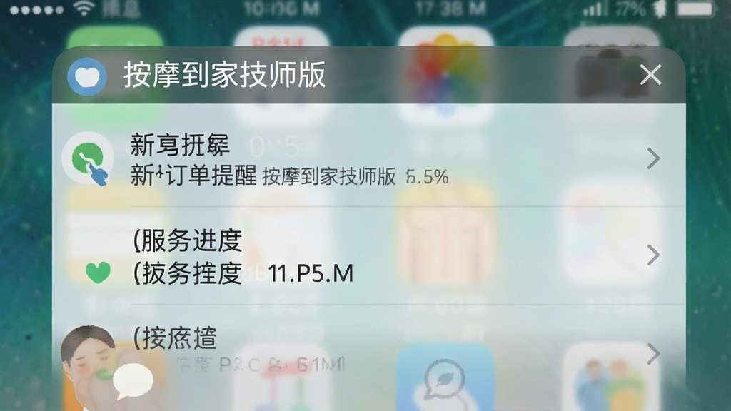 一张手机截图展示按摩到家技师版的消息通知栏,顶部有“按摩到家技师版”通知栏,显示新订单提醒、服务进度等消息,背景为手机桌面,整体风格真实自然,画质清晰,无多余元素