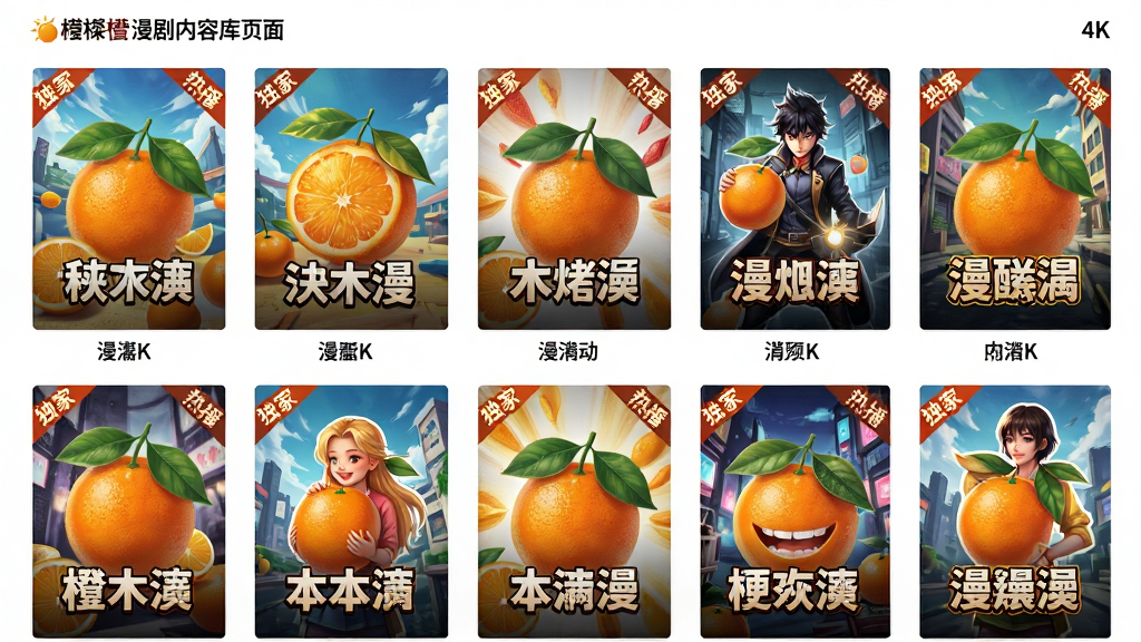 主体:橙子漫剧内容库页面,展示多部漫剧封面海报,每张海报风格各异。布局:网格状排列,每个格子内为一张竖版海报,下方标注剧名。排版:两行三列布局,海报大小统一,间距适中。风格:多彩拼贴风格,封面绘制精美。细节:海报上印有“独家”、“热播”等角标,整体视觉丰富,画质高清。画质:4K超清,干净,无多余元素。