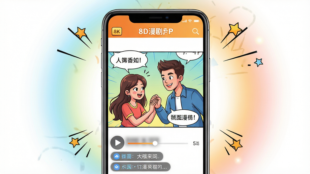 主体:橙子漫剧APP界面展示,手机屏幕内播放一部彩色漫画风格短剧,画面中男女主角动态互动,气泡对话框显示台词。布局:手机居中,屏幕内容清晰可见,背景为柔和的渐变色光晕。排版:手机竖屏展示,上下留白,周围有星星和漫画线条装饰。风格:现代卡通插画风,色彩鲜艳明快。细节:播放按钮、进度条、弹幕飘过等元素清晰可见,画质高清。画质:8K超清,干净,无多余元素。
