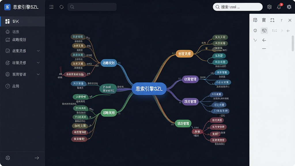 主体:思索引擎SZL软件的主界面展示图,画面中央是一张色彩斑斓、节点清晰的思维导图,中心节点写着“思索引擎SZL”。布局:界面采用深色与浅色结合的现代简约风格,左侧是功能侧边栏,右侧为编辑区域,顶部有搜索框。排版:思维导图从中心向四周发散,层级分明,连接线流畅。风格:科技感、商务风、扁平化设计。细节:屏幕中展示的导图节点包含“战略规划”、“创意灵感”、“项目管理”等文字标签,整体画面干净明亮。画质:4K超清,干净,无多余元素。