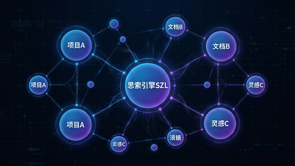 主体:思索引擎SZL软件的数智链知识图谱功能展示,画面呈现多个相互连接的圆形节点网络。布局:网络结构图居中,各节点通过发光的线条连接,形成复杂的网状结构。排版:节点大小不一,核心节点标注“思索引擎SZL”,周边节点标注“项目A”、“文档B”、“灵感C”等。风格:科技蓝与紫色渐变,未来感,抽象艺术。细节:节点之间有微弱的粒子流动效果,背景为深色科技网格。画质:高清渲染,细节丰富,干净,无多余元素。