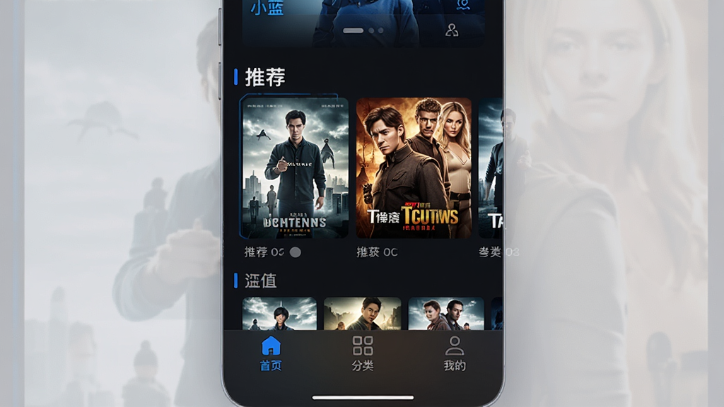 小蓝app主界面预览图,展示其简洁的深色主题UI设计,首页推荐位排列着电影和电视剧海报缩略图,底部导航栏清晰标出“首页”、“分类”、“我的”等标签,整体风格现代且富有科技感,画质高清,干净无多余元素