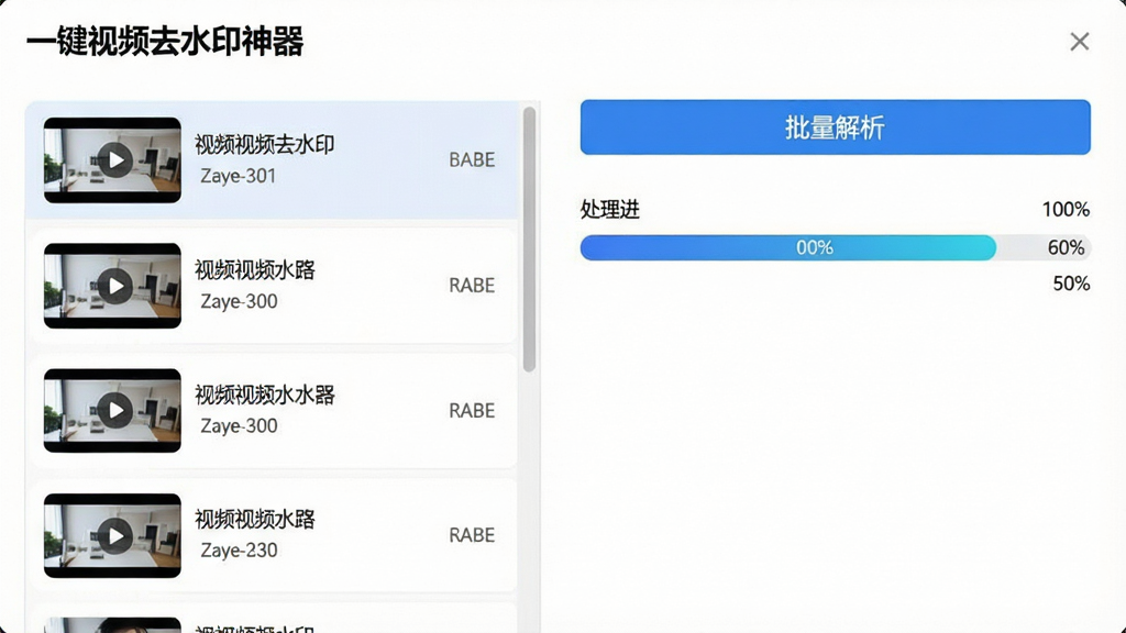 主体:“一键视频去水印神器”批量处理界面,左侧为视频任务列表,右侧为处理进度条,顶部有“批量解析”按钮;布局:左右分栏,列表纵向排列,进度条横向延伸;排版:列表整齐,进度条颜色渐变;风格:清爽商务风格,蓝色主调,白色背景;细节:每个任务项显示视频缩略图和文件名,进度条上有百分比数字;画质:高清晰度,界面干净无杂物。