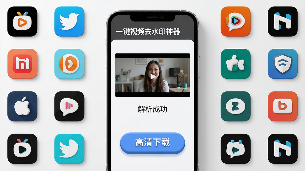 主体:“一键视频去水印神器”高清下载界面,中央展示一部手机屏幕,屏幕内显示视频解析成功,下方有“高清下载”按钮;布局:居中构图,手机模型为主体,周围环绕着各种平台logo;排版:简洁明了,按钮突出;风格:写实与3D结合,光影效果真实;细节:手机屏幕上的视频画面清晰,按钮有立体按压效果,平台logo排列有序;画质:超清渲染,画面干净无多余元素。