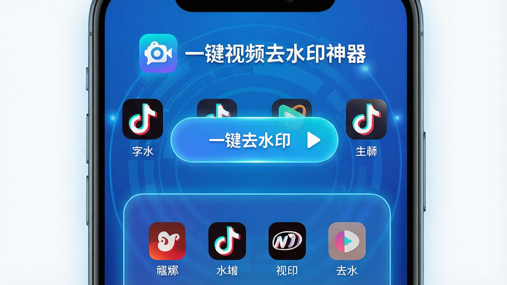 主体:“一键视频去水印神器”手机应用界面,居中展示,背景为渐蓝色科技感风格,界面显示多个短视频平台图标,中间有“一键去水印”按钮;布局:上下结构,上方为软件名称和logo,下方为功能演示预览窗;排版:清晰简洁,图标排列整齐,按钮醒目;风格:现代扁平化设计,色彩明亮,高光质感;细节:界面边缘有微弱发光效果,图标下方有对应平台名称小字,按钮上有白色箭头符号;画质:高清渲染,干净无多余元素。